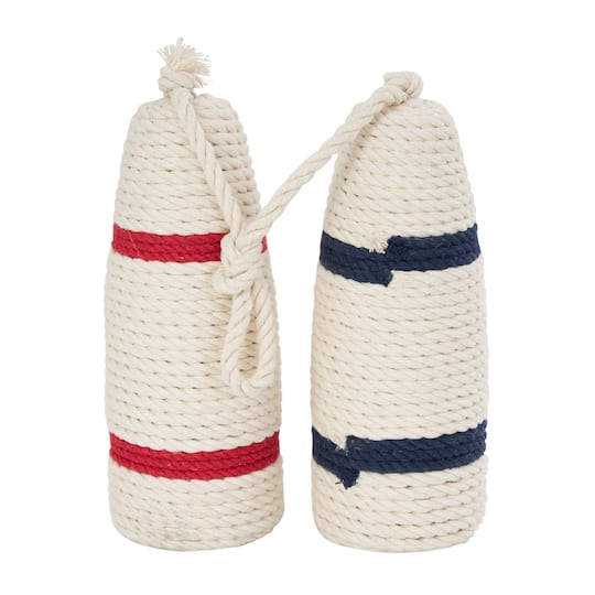 9.5" White Buoy Handmade Coiled Striped Rope Sculpture